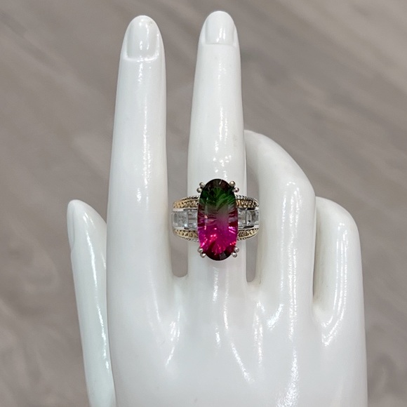 Watermelon Quartz Multigemstone 14K YG Sterling Silver Statement Ring - Picture 2 of 12
